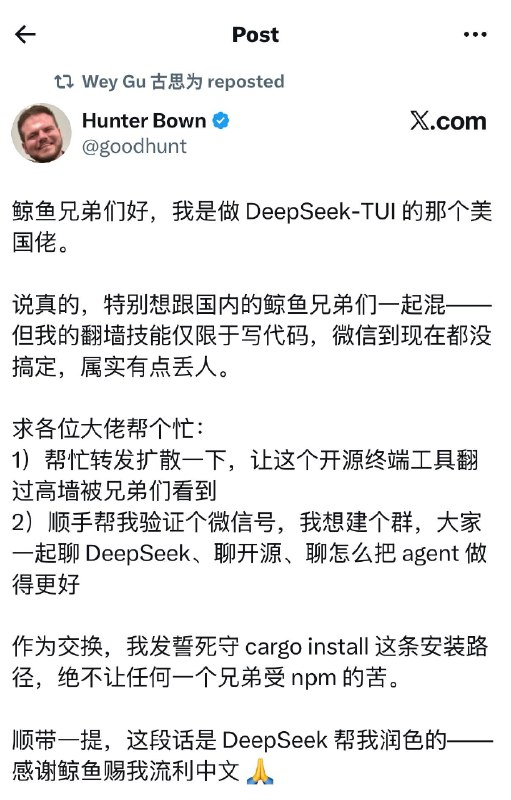 🤣 外国人看我们写的英语是不是也是这种感觉？鲸鱼兄弟们好，我是做 DeepSeek-TUI 的那个美国佬