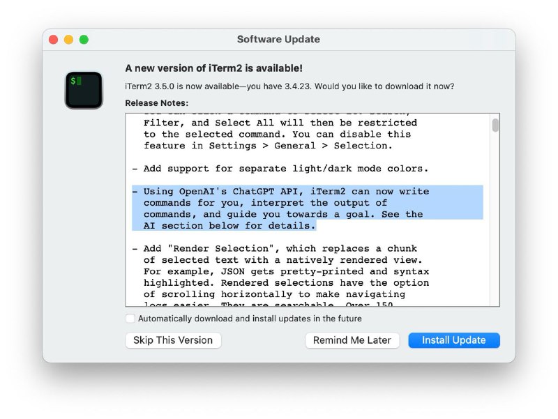 - Using OpenAI's ChatGPT API, iTerm2 can now write  commands for you, interpret the output of  commands, and guide you towards a goal. See the  AI section below for details.