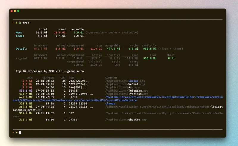 out of memory but don't know why❓x free — shows you exactly who's stealing your RAM.🔹See the top 10 memory hogs instantly🔹Spot what you can actually free — color-coded at a glance🔹Get the real numbers — no double counting🔗 Introducing x free