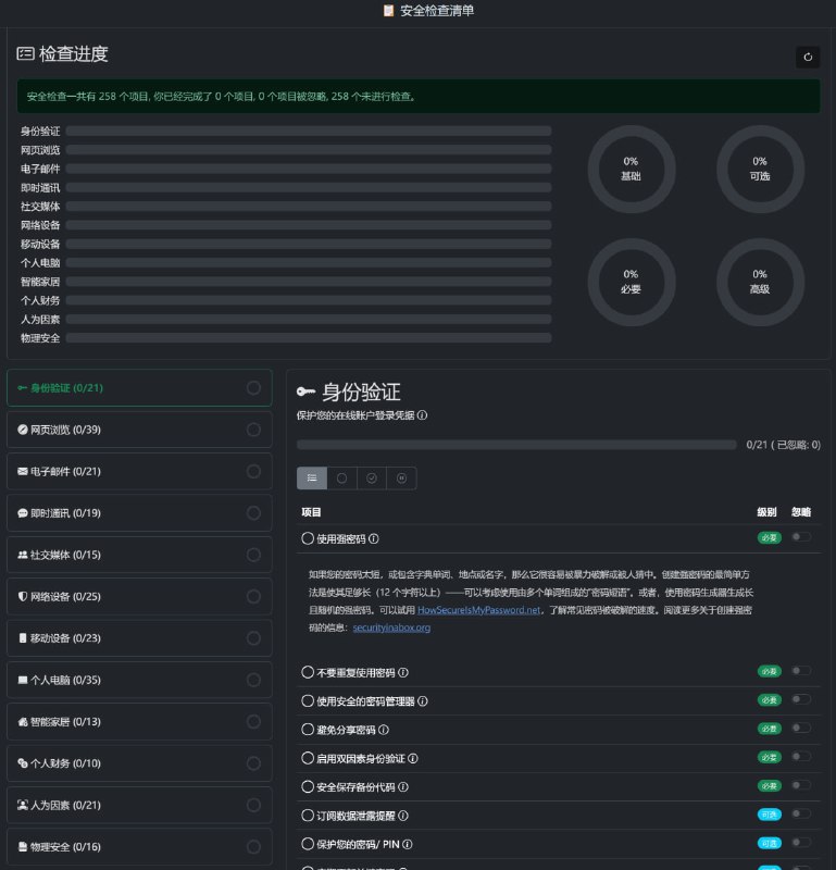 这是一份非常全面的 #网络安全 检查清单，一共有 258 个项目，每一项都有详细的解释，涵盖密码安全、浏览安全、移动设备安全等方面的内容